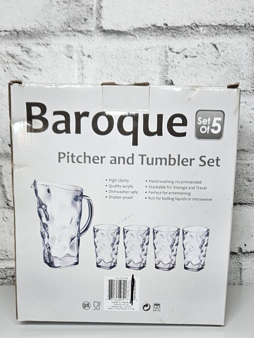 Baroque Acrylic Pitcher Tumbler Set 5 Piece Clear Outdoor Patio Drinkware NIB